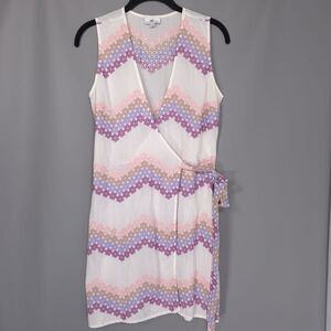 MIGUELINA Ali Wrap Mini Dress Size SMALL Embroidered White Multi Chevron Striped